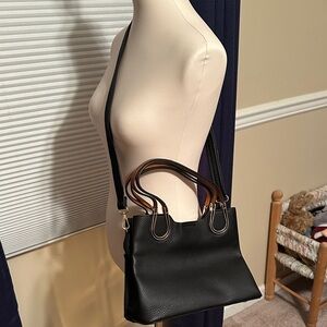 Black Leather Crossbody Bag or Handbag with Natural Brown Handles